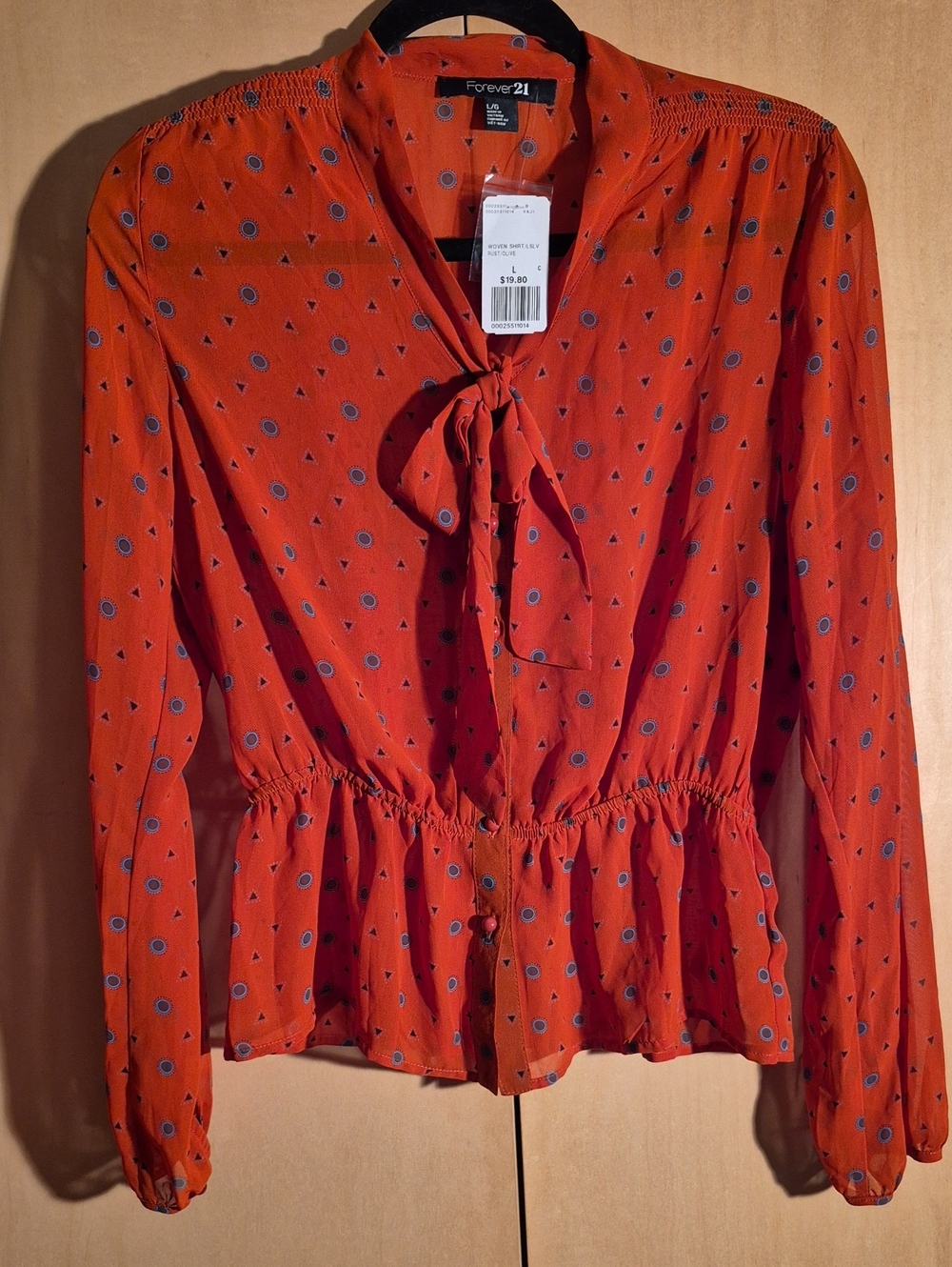 Forever 21 Rust Orange Long-Sleeve Tie-Neck Peplum Blouse